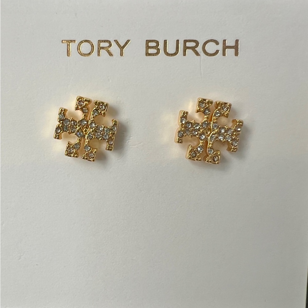 Tory Burch Gold Crystal Logo Earrings